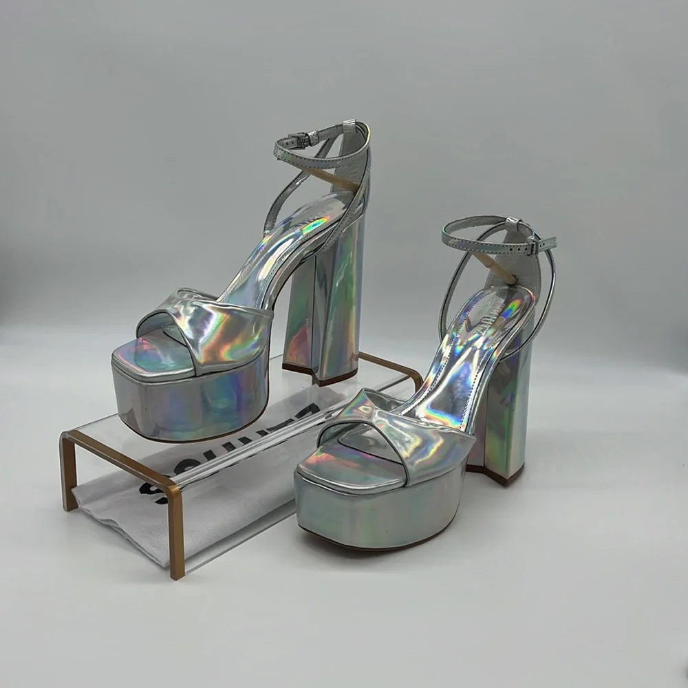 SCHUTZ NWB Aryia Metallic Faux Leather Platform Sandals Spechio Holographic